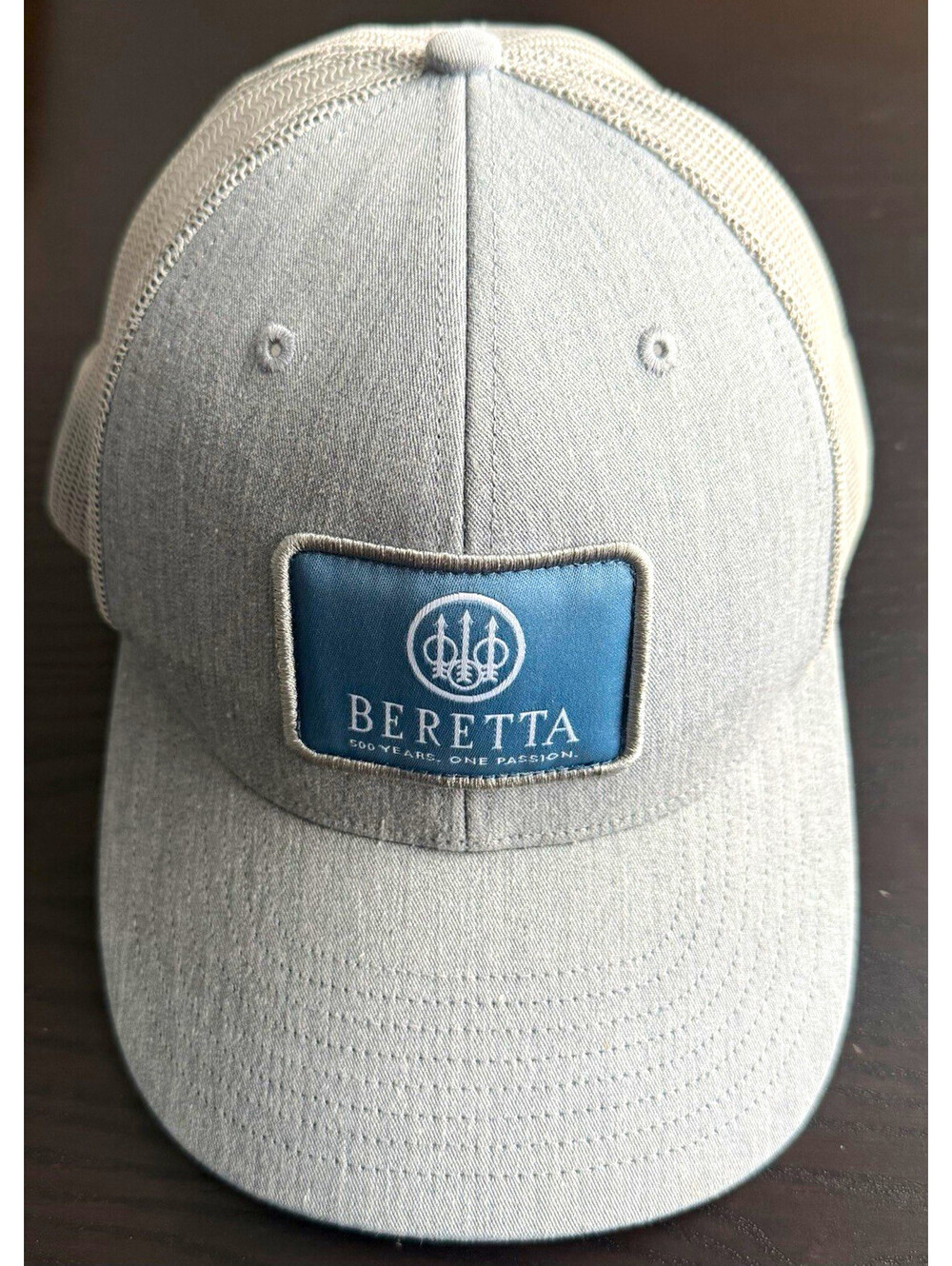 Beretta 500 Years One Passion Trucker Hat Gray Blue Logo Patch Snapback Mesh Cap